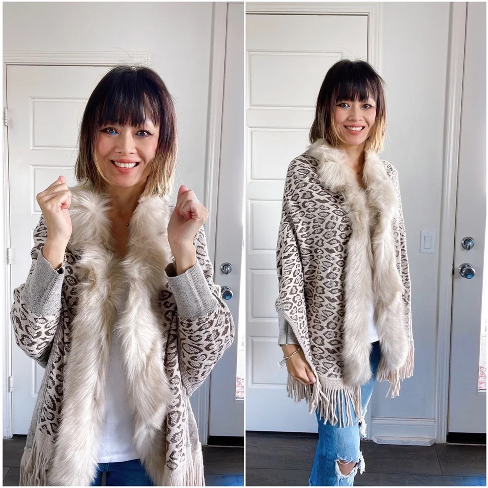 Cozy vegan fur leopard print tassel poncho cardigan